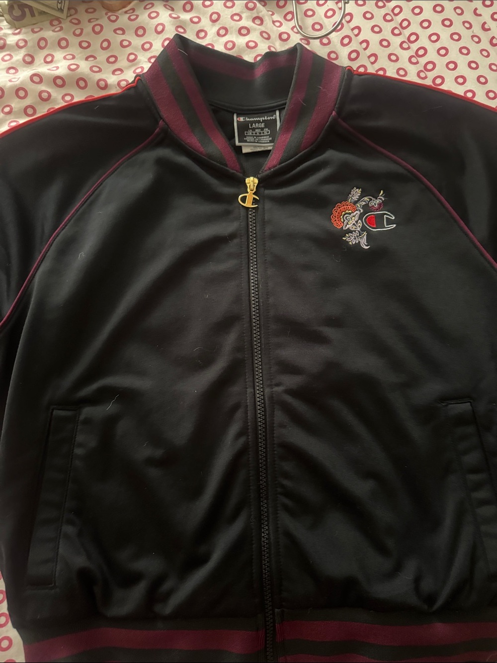 Champion Black Bomber Jacket with Maroon Trim